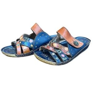 L’ Artiste 38 Leather Leigh Navy Floral Sandals Boho Coastal Grandma